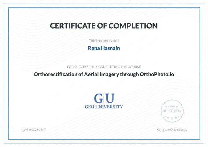 Orthorectification of Aerial Imagery through OrthoPhoto.io certificate, Geo University