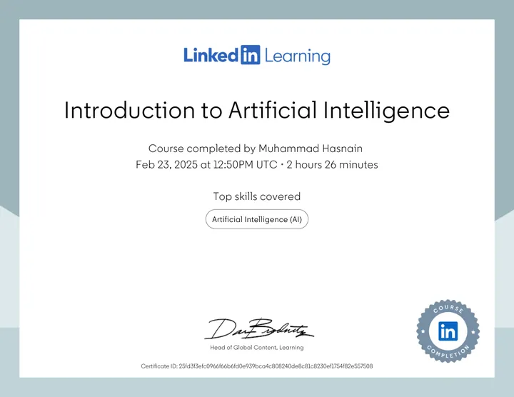 Introduction to Artificial Intelligence certificate, LinkedIn Learning