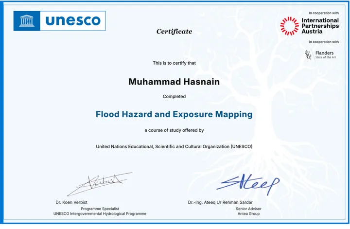 Flood Hazard and Exposure Mapping certificate, UNESCO, with International Partnerships Austria and Flanders