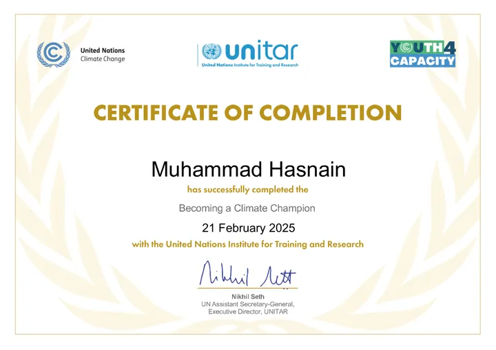 Becoming a Climate Champion certificate, UNITAR and UN Climate Change