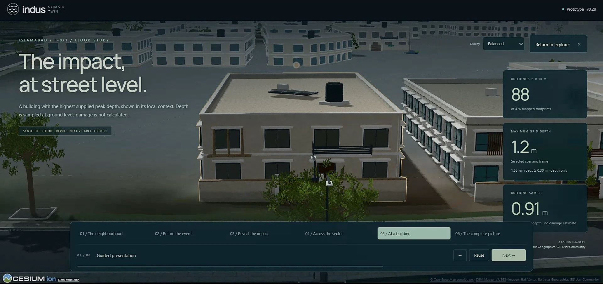 Close 3D view of a single house, with exposure figures in a side panel.