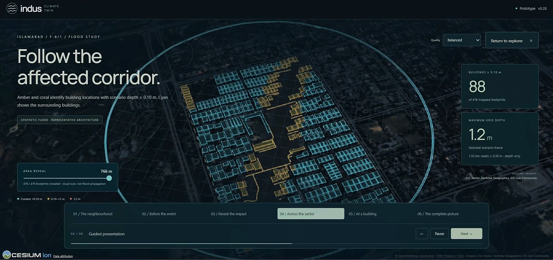 3D view of the F-8/1 sector in Islamabad: building outlines in cyan, with the buildings inside a flood scenario's affected corridor highlighted in amber.
