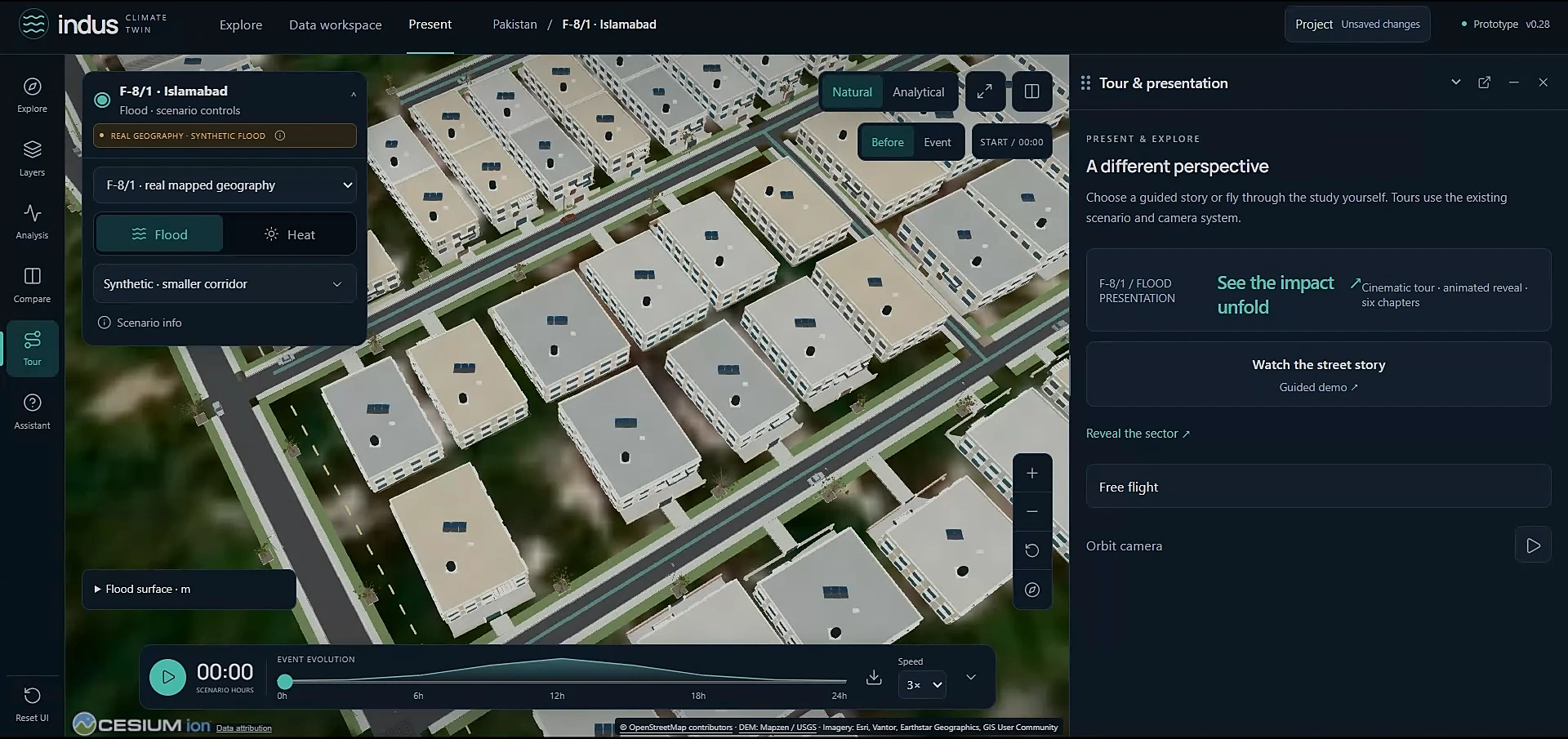 The twin's workspace: scenario controls with Flood and Heat modules, a 3D map of the sector, a tour panel and a 24-hour event timeline.
